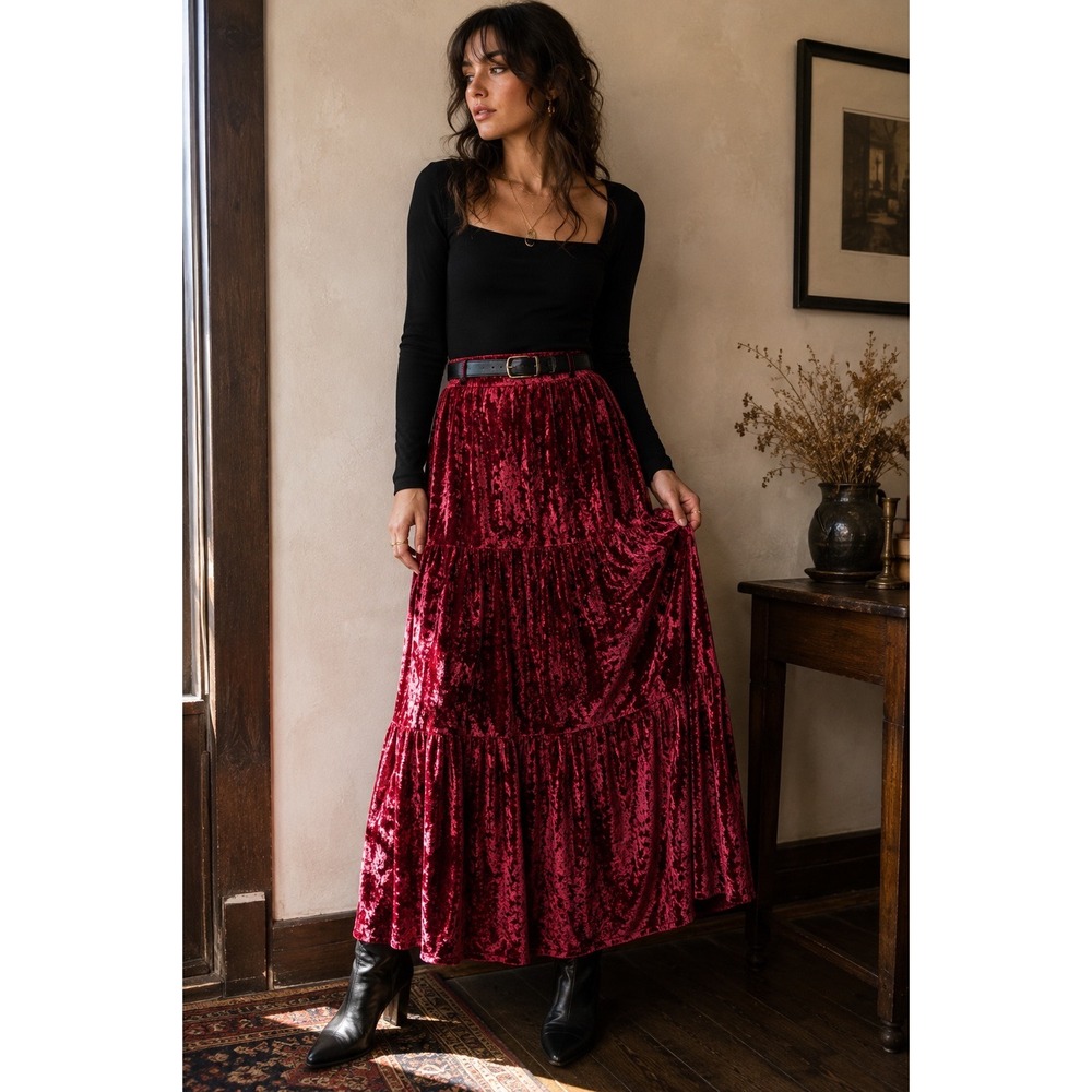 Cactus Flower Burgundy Crushed Velvet Maxi Skirt Made in USA Boho Vintage